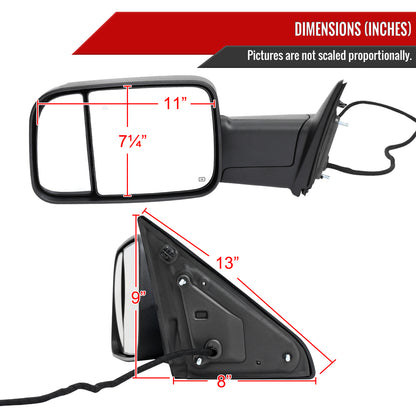 2019-2022 Ram 2500 3500 Black Power Adjustable, Auto-Fold, BSD & Heated Side Mirror w/ LED Puddle and Turn Signal Light - Driver Side Only