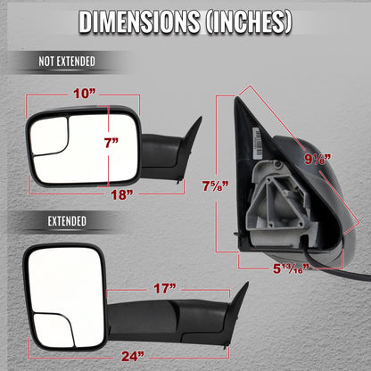 1994-1997 Dodge RAM Power Adjustable, Manual Fold & Extendable Towing Mirrors