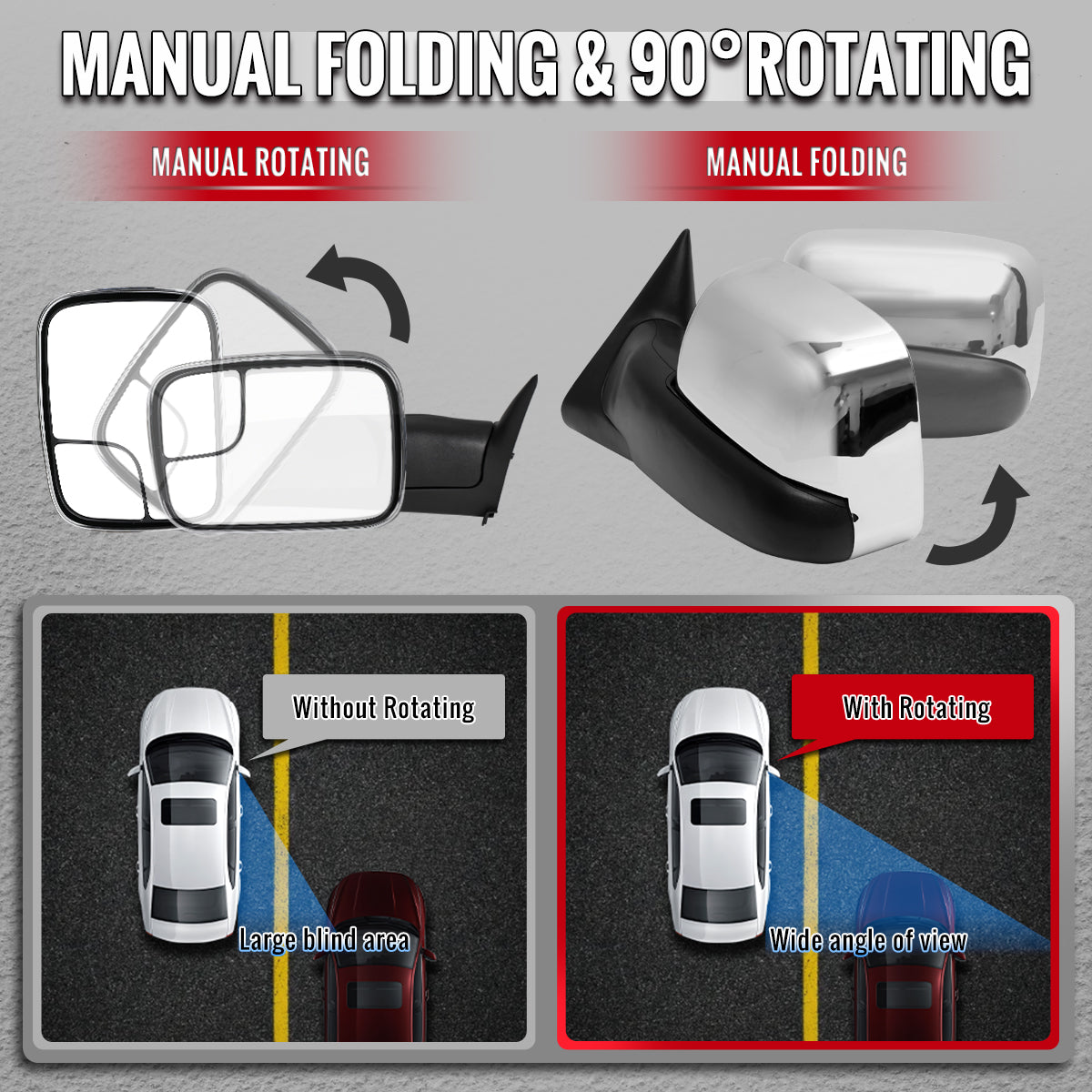 1994-2001 Dodge RAM 1500 / 1994-2002 Ram 2500 3500 Chrome Manual Adjustable & Extendable Towing Mirrors
