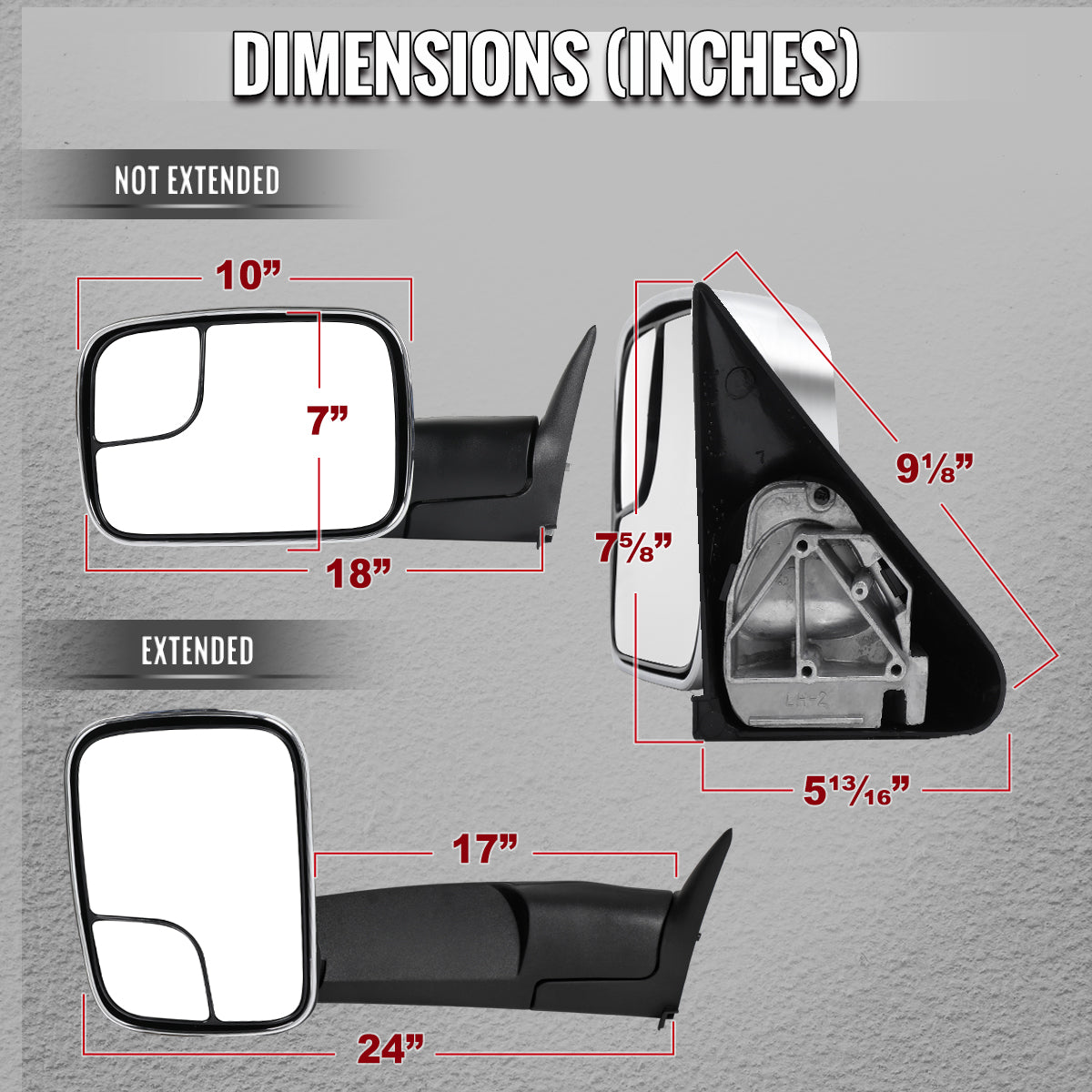 1994-2001 Dodge RAM 1500 / 1994-2002 Ram 2500 3500 Chrome Manual Adjustable & Extendable Towing Mirrors