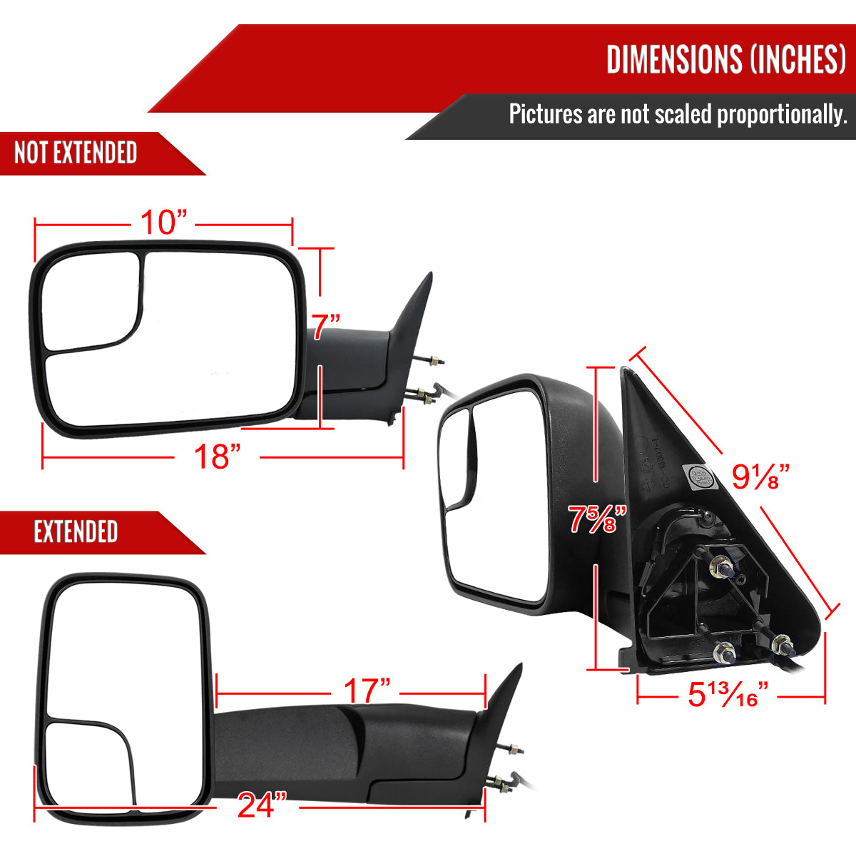 1998-2002 Dodge RAM Power Adjustable, Heated, Manual Fold & Extendable Towing Mirrors