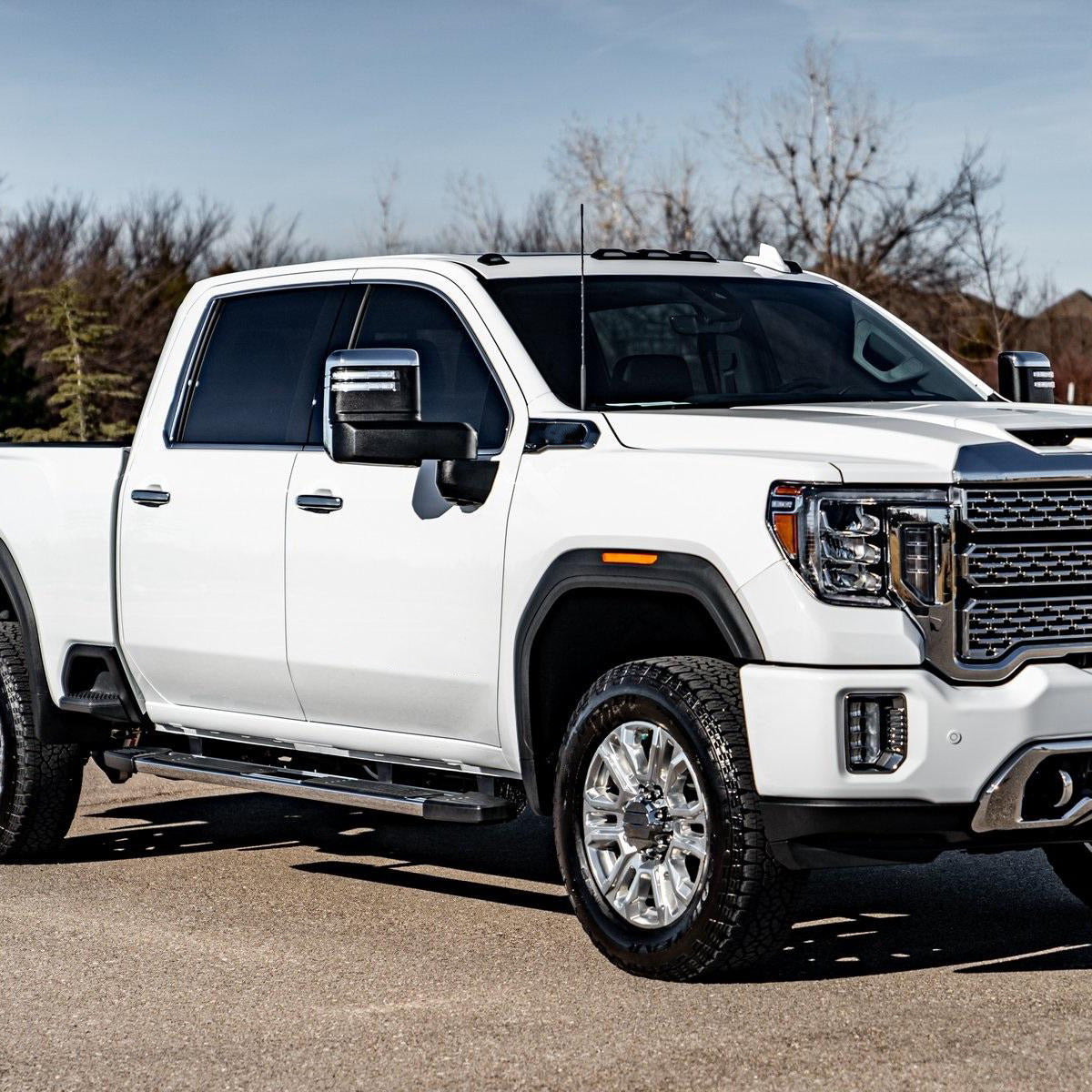 2019-2025 GMC Sierra 1500 Power Adjustable, Heated, & Manual Extendable Chrome Towing Mirrors w/ Clear Lens LED Turn Signal & Clearance Lights