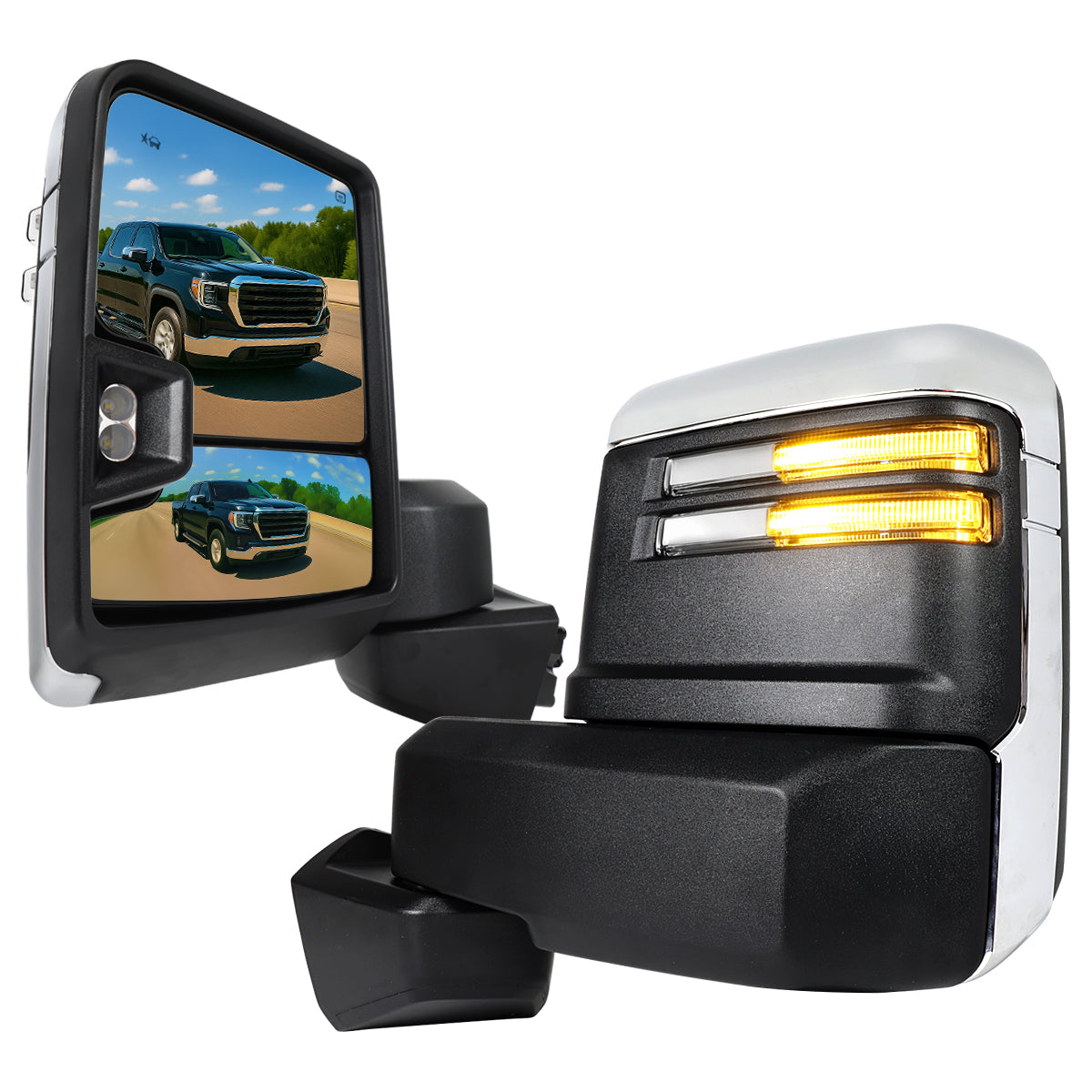 2019-2025 GMC Sierra 1500 Power Adjustable, Heated, & Manual Extendable Chrome Towing Mirrors w/ Clear Lens LED Turn Signal & Clearance Lights