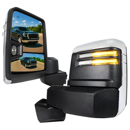 2019-2025 GMC Sierra 1500 Power Adjustable, Heated, & Manual Extendable Chrome Towing Mirrors w/ Clear Lens LED Turn Signal & Clearance Lights