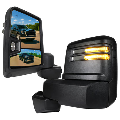 2019-2025 GMC Sierra 1500 Power Adjustable, Heated, & Manual Extendable Black Towing Mirrors w/ Smoked Lens LED Turn Signal & Clearance Lights