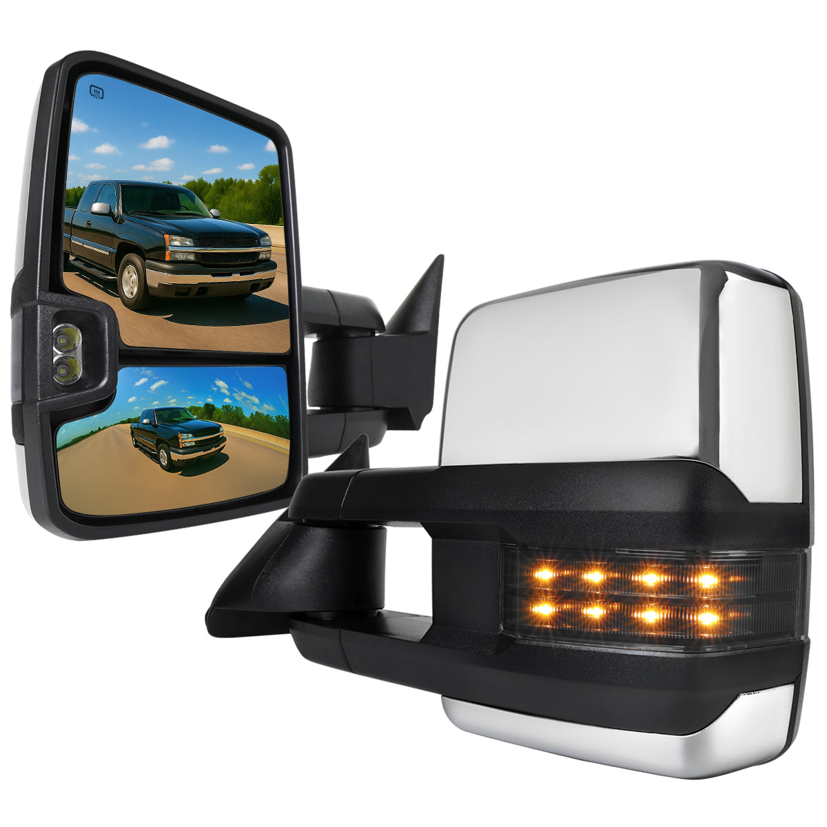 2002-2007 Chevrolet Silverado/Suburban/Tahoe/Avalanche GMC Sierra/Yukon/Yukon XL Power Heated Chrome Towing Mirrors w/ Smoked Lens LED Turn Signal & Clearance Lights