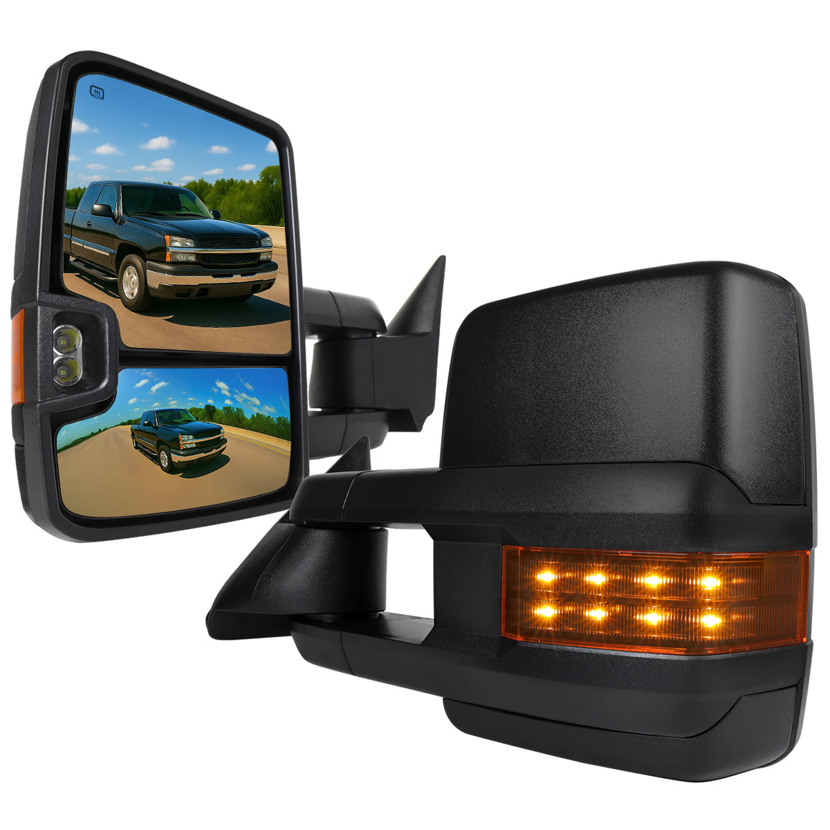 2002-2007 Chevrolet Silverado/Suburban/Tahoe/Avalanche GMC Sierra/Yukon/Yukon XL Power Heated Towing Mirrors w/ Amber Lens LED Turn Signal & Clearance Lights