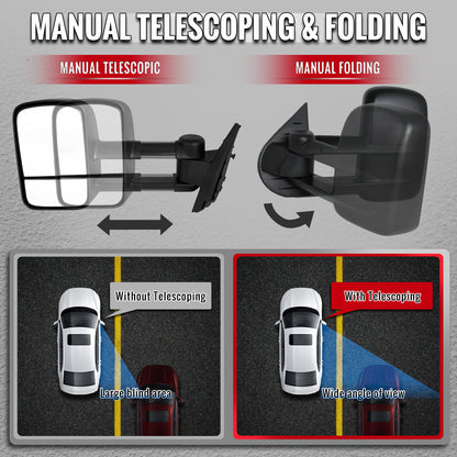 2007-2014 Chevrolet Silverado/Avalanche/Tahoe GMC Sierra/Yukon/Yukon XL Manual Adjustable & Extendable Black Towing Mirrors