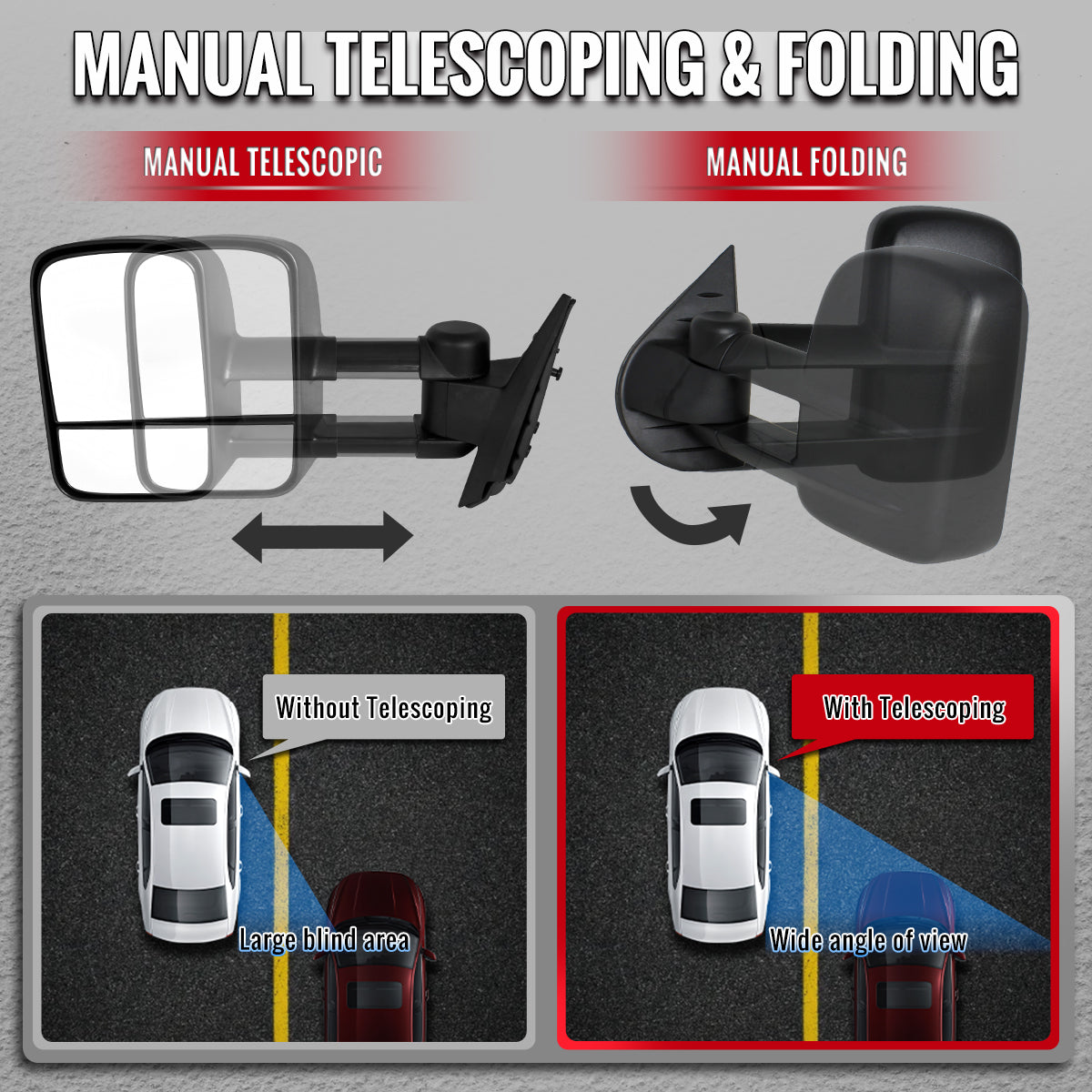 2007-2014 Chevrolet Silverado / Avalanche / Tahoe GMC Sierra / Yukon / Yukon XL Black Manual Adjustable & Extendable Towing Mirrors