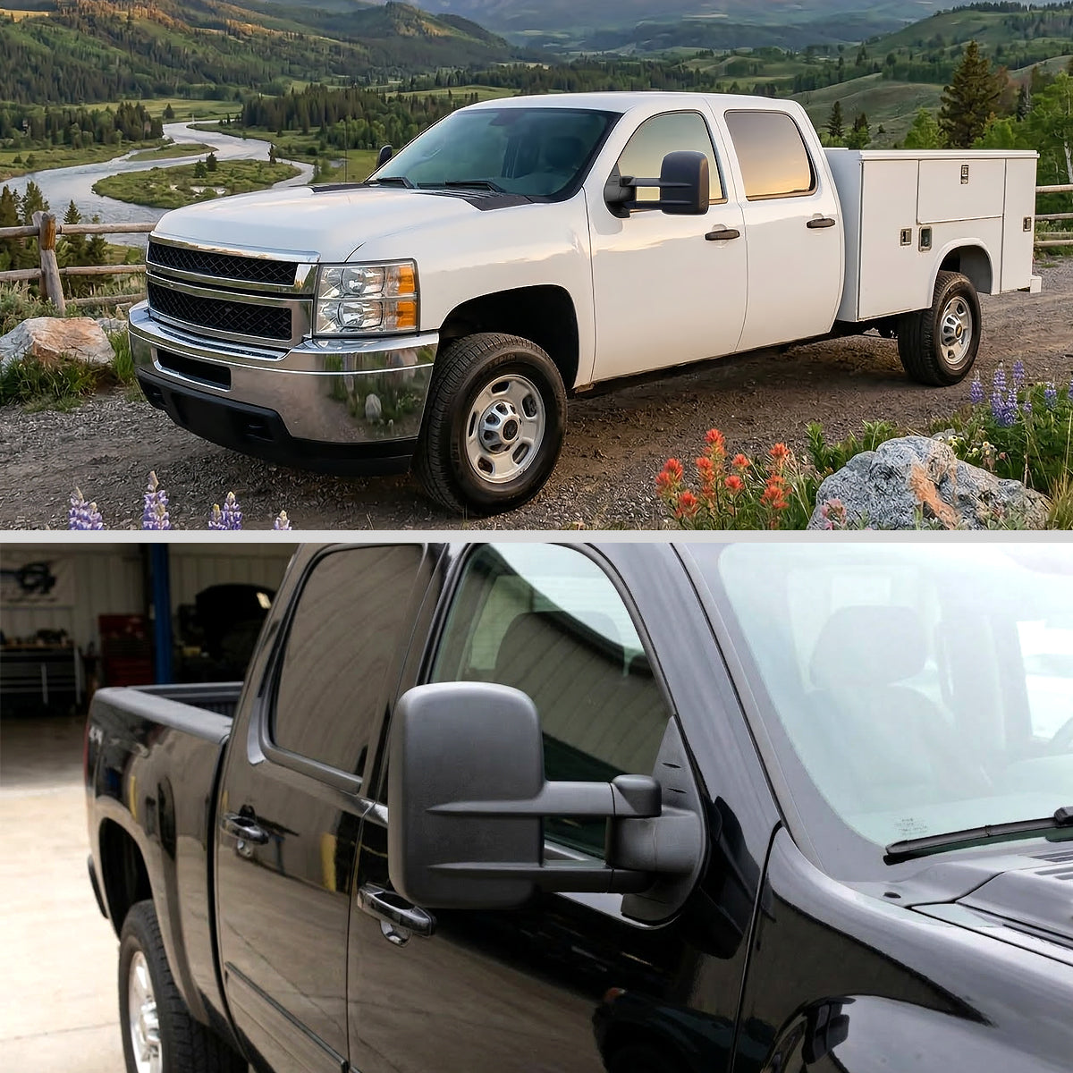 2007-2014 Chevrolet Silverado / Avalanche / Tahoe GMC Sierra / Yukon / Yukon XL Black Manual Adjustable & Extendable Towing Mirrors