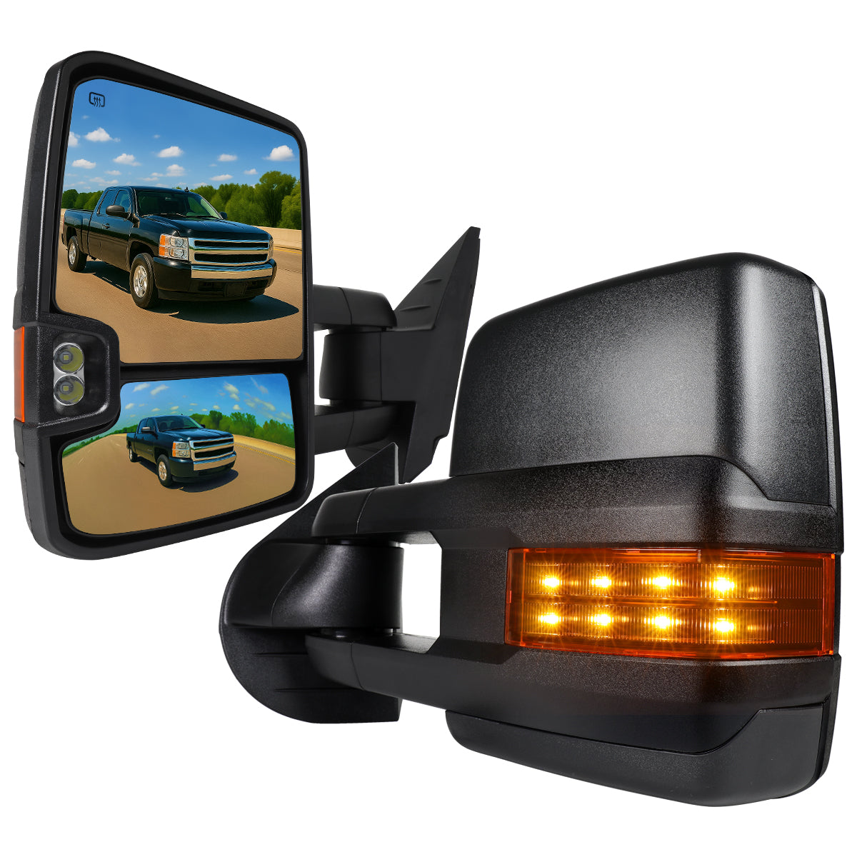 2007-2014 Chevrolet Silverado/Suburban/Avalanche/Tahoe GMC Sierra/Yukon/Yukon XL Power Heated Towing Mirrors w/ Amber Lens LED Turn Signal & Clearance Lights