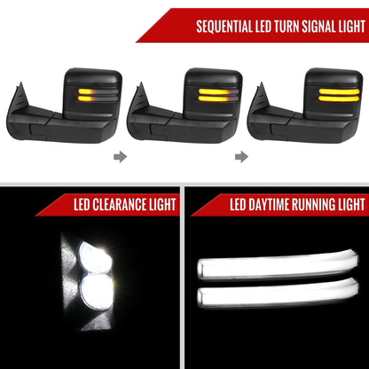 2007-2013 GMC Sierra Silverado 1500 Power Adjustable, Heated, & Manual Extendable Towing Mirrors w/ Smoked Lens LED DRL, Turn Signal and Clearance Lights