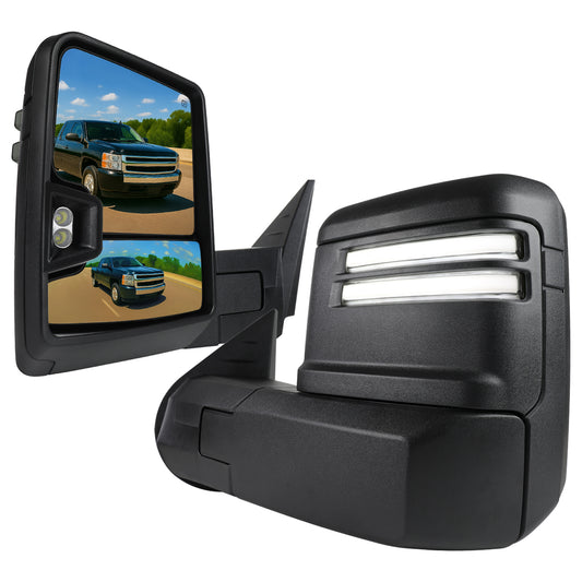 2007-2013 GMC Sierra Silverado 1500 Power Adjustable, Heated, & Manual Extendable Towing Mirrors w/ Smoked Lens LED DRL, Turn Signal and Clearance Lights