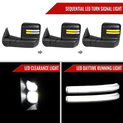 2007-2013 GMC Sierra Silverado 1500 Power Adjustable, Heated, & Manual Extendable Towing Mirrors w/ Clear Lens LED DRL, Turn Signal and Clearance Lights