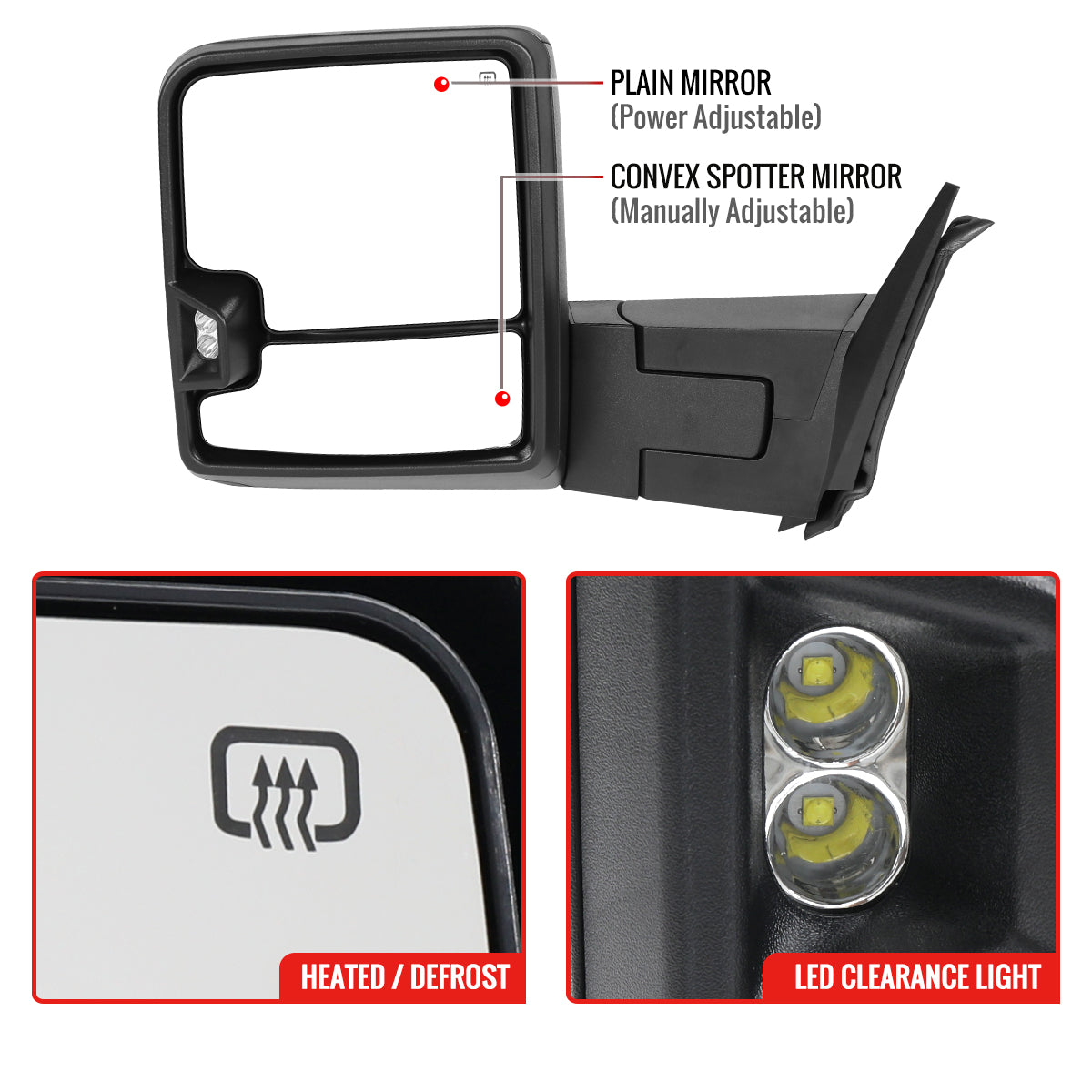 2007-2013 GMC Sierra Silverado 1500 Power Adjustable, Heated, & Manual Extendable Towing Mirrors w/ Clear Lens LED DRL, Turn Signal and Clearance Lights