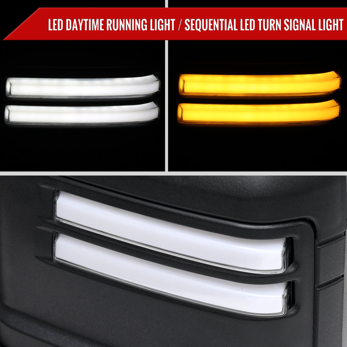 2007-2013 GMC Sierra Silverado 1500 Power Adjustable, Heated, & Manual Extendable Towing Mirrors w/ Clear Lens LED DRL, Turn Signal and Clearance Lights