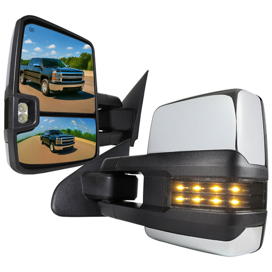2014-2018 Chevrolet Silverado/GMC Sierra Power Adjustable, Heated, & Manual Extendable Chrome Towing Mirrors w/ Smoked Lens LED Turn Signal & Clearance Lights