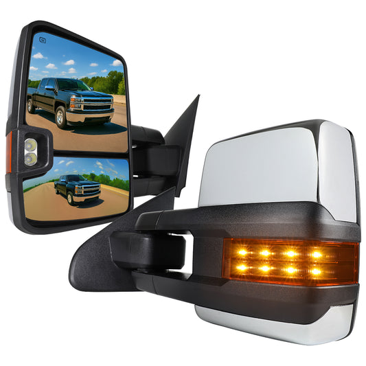 2014-2016 Chevrolet Silverado/GMC Sierra Power Heated ATS Manual Extendable Chrome Towing Mirrors w/ Amber Lens Turn Signal & Clearance Lights