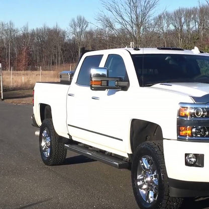 2014-2018 Chevrolet Silverado/GMC Sierra Power Heated Manual Extendable Chrome Towing Mirrors w/ Amber Lens LED Turn Signal & Clearance Lights