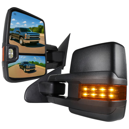 2014-2018 Chevrolet Silverado/ GMC Sierra Power Adjustable, Folding, Heated, & Manual Extendable Black Side Mirrors w/ Amber Lens LED Turn Signal & Clearance Lights