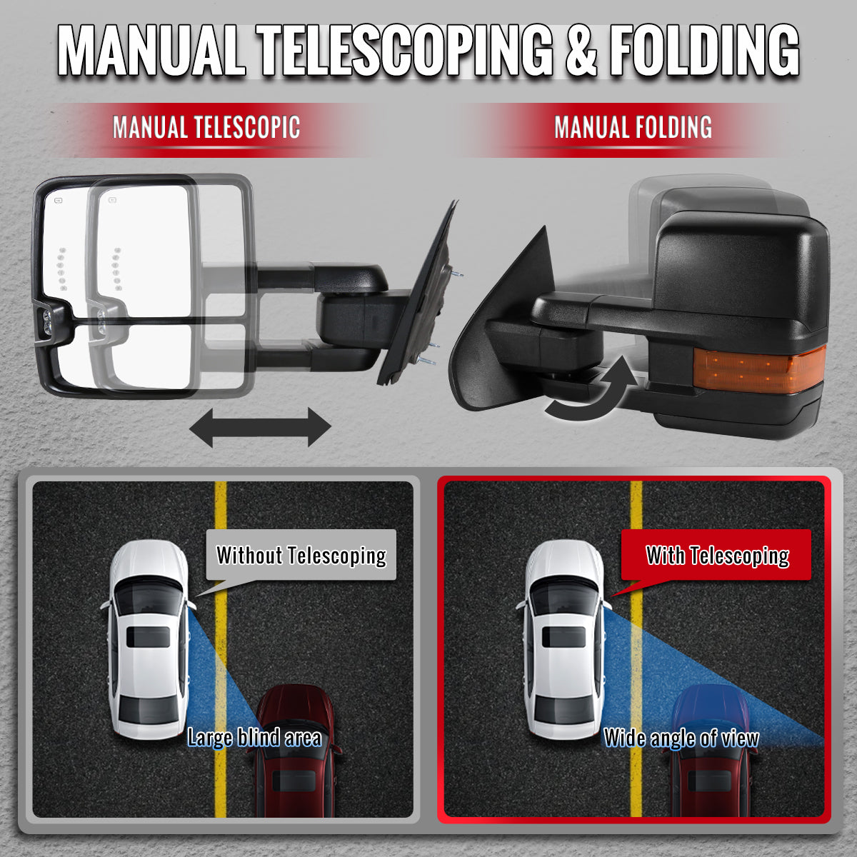 2014-2018 Chevrolet Silverado / GMC Sierra Power Heated Manual Extendable Towing Mirrors w/ Smoked Lens LED Turn Signal & Clearance Lights