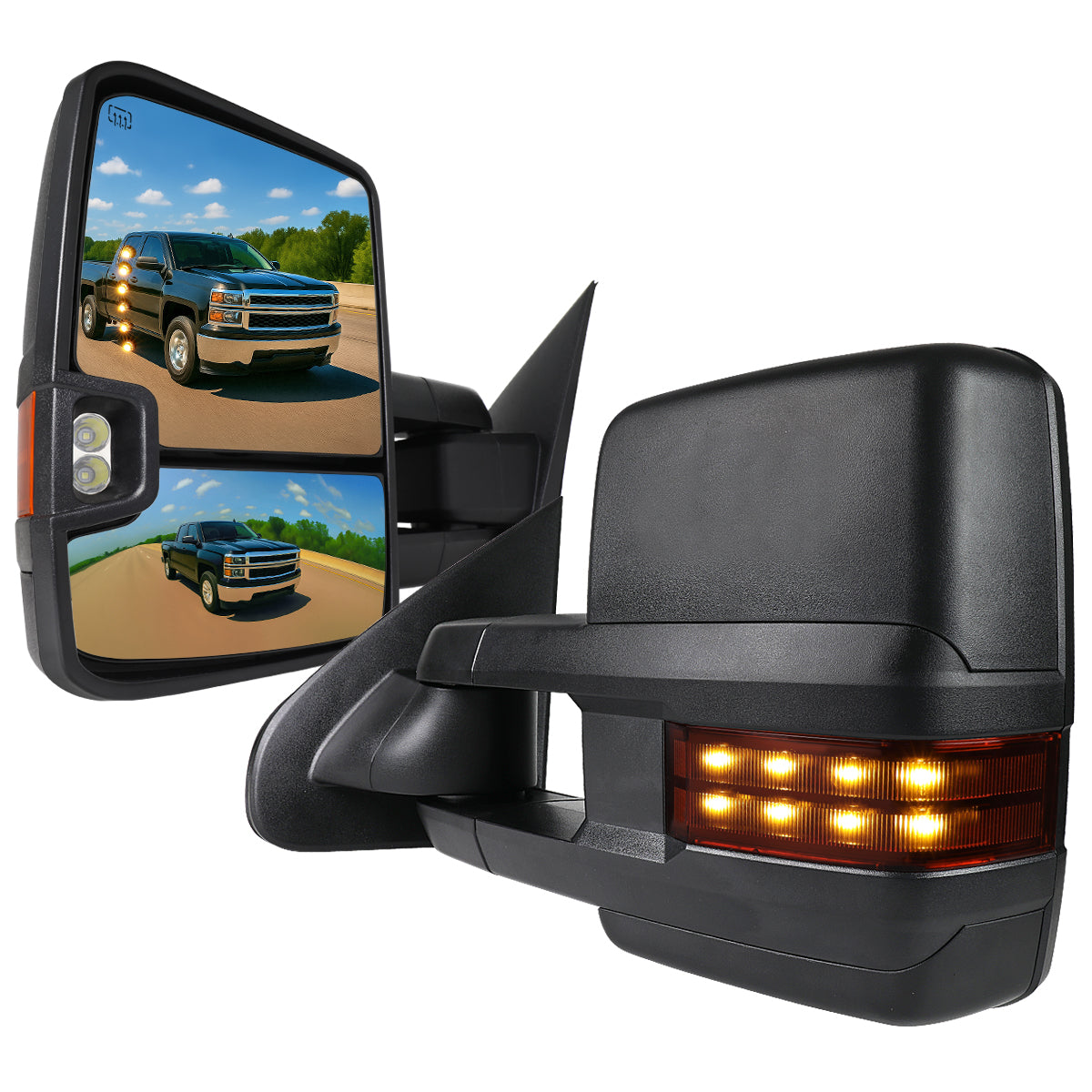 2014-2018 Chevrolet Silverado / GMC Sierra Power Heated Manual Extendable Towing Mirrors w/ Smoked Lens LED Turn Signal & Clearance Lights