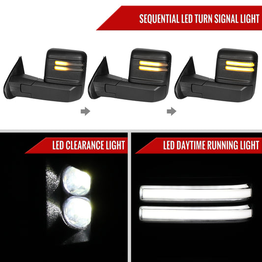2014-2018 Silverado Sierra 1500 1500 Power Adjustable, Heated, & Manual Extendable Towing Mirrors w/ Smoked Lens LED DRL, Turn Signal and Clearance Lights