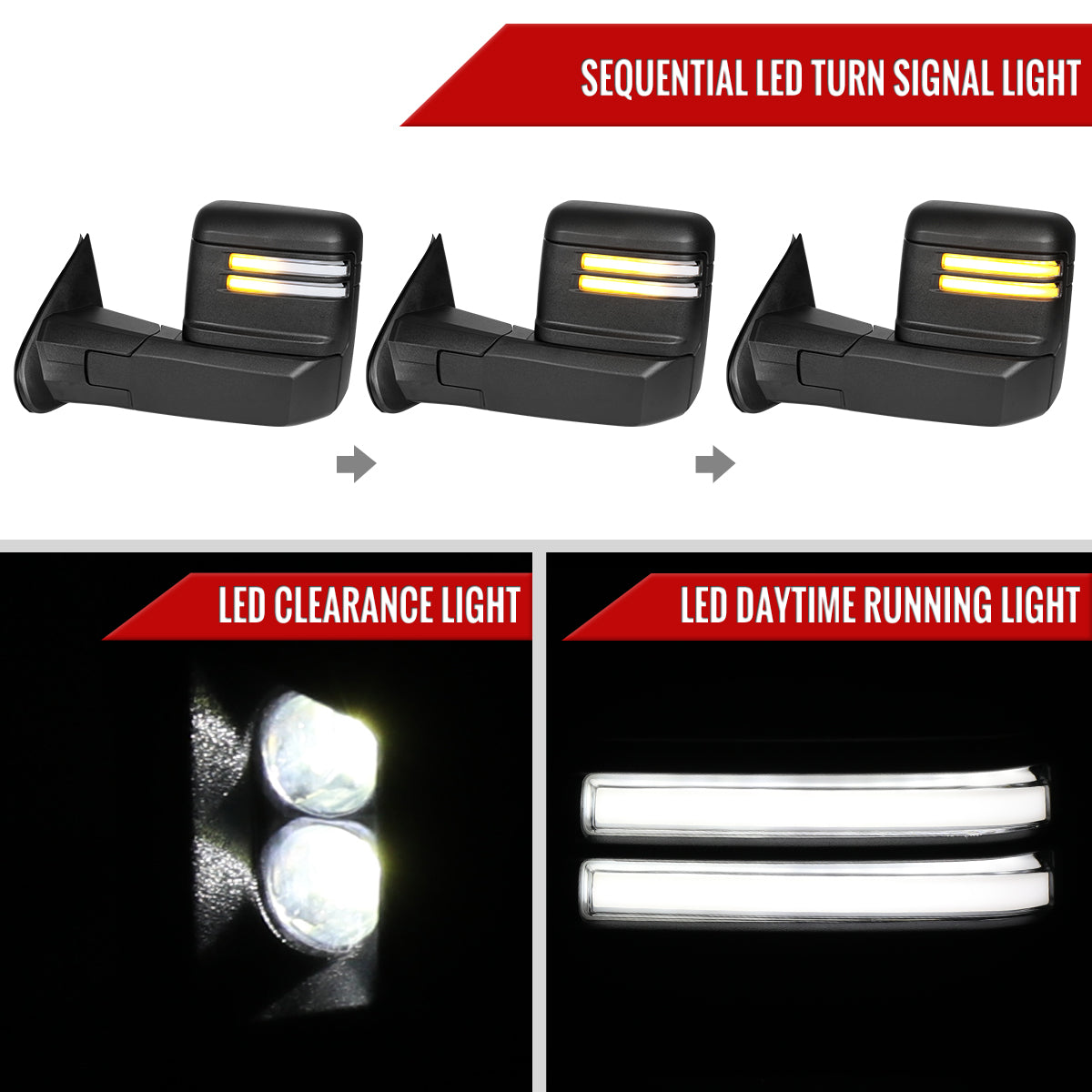 2014-2018 Silverado Sierra 1500 Power Adjustable, Heated, & Manual Extendable Towing Mirrors w/ Clear Lens LED DRL, Turn Signal and Clearance Lights