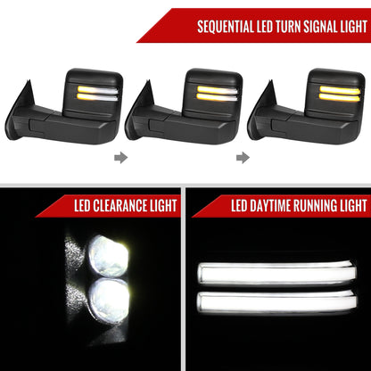 2014-2018 Silverado Sierra 1500 Power Adjustable, Heated, & Manual Extendable Towing Mirrors w/ Clear Lens LED DRL, Turn Signal and Clearance Lights