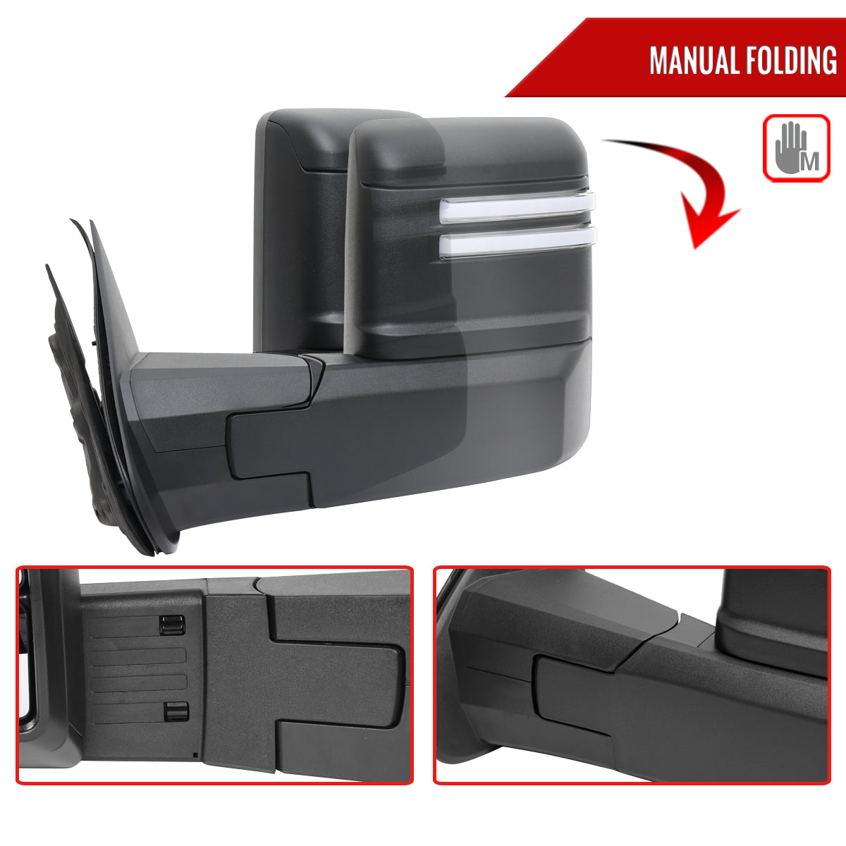 2014-2018 Silverado Sierra 1500 Power Adjustable, Heated, & Manual Extendable Towing Mirrors w/ Clear Lens LED DRL, Turn Signal and Clearance Lights