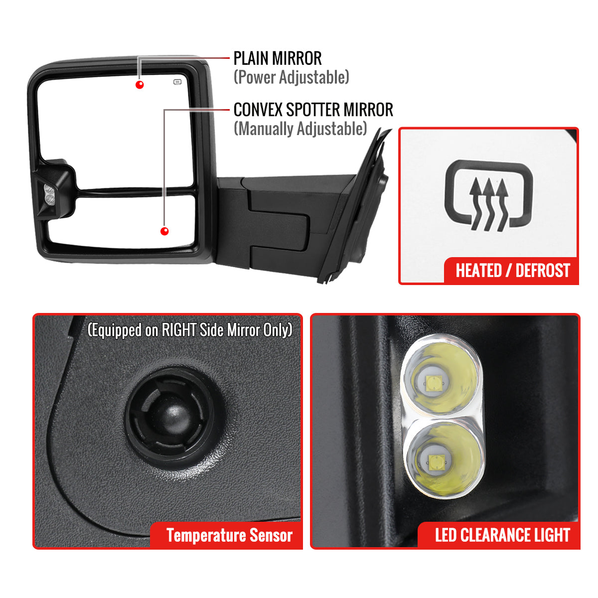 2014-2018 Silverado Sierra 1500 Power Adjustable, Heated, & Manual Extendable Towing Mirrors w/ Clear Lens LED DRL, Turn Signal and Clearance Lights