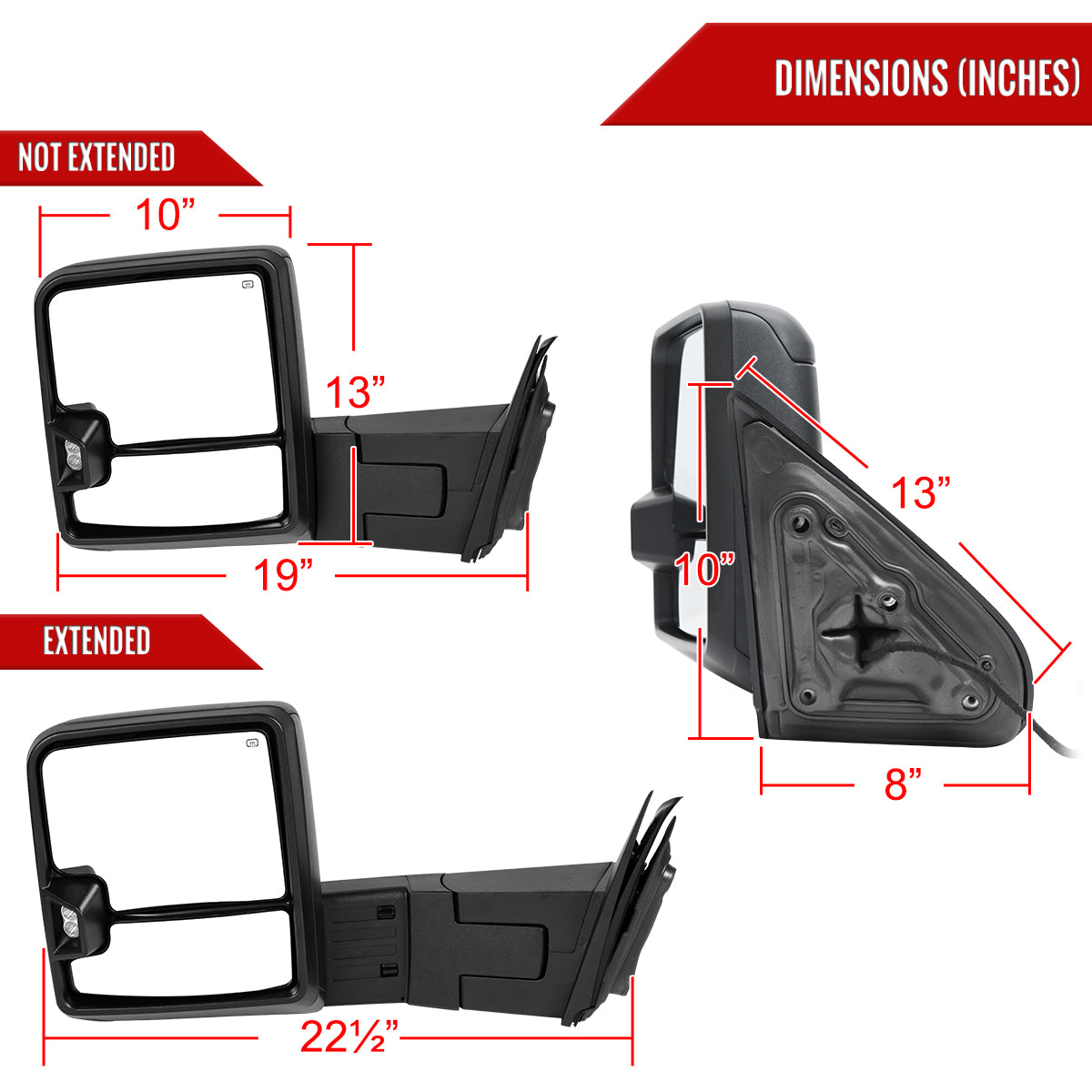 2014-2018 Silverado Sierra 1500 Power Adjustable, Heated, & Manual Extendable Towing Mirrors w/ Clear Lens LED DRL, Turn Signal and Clearance Lights