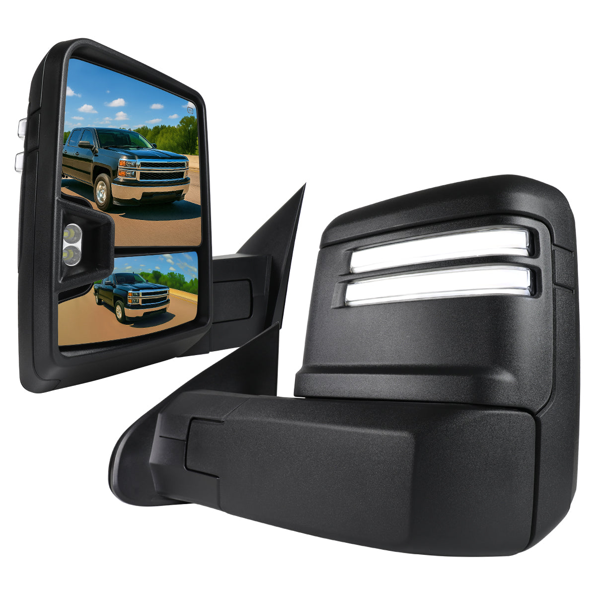 2014-2018 Silverado Sierra 1500 Power Adjustable, Heated, & Manual Extendable Towing Mirrors w/ Clear Lens LED DRL, Turn Signal and Clearance Lights