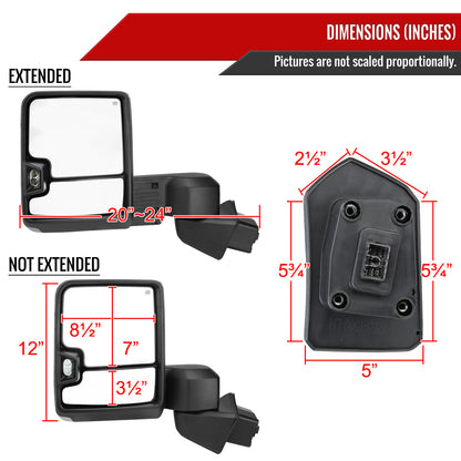 2019-2025 Chevrolet Silverado 1500 Power Adjustable, Heated, & Manual Extendable Chrome Towing Mirrors w/ Smoked Lens LED Turn Signal & Clearance Lights