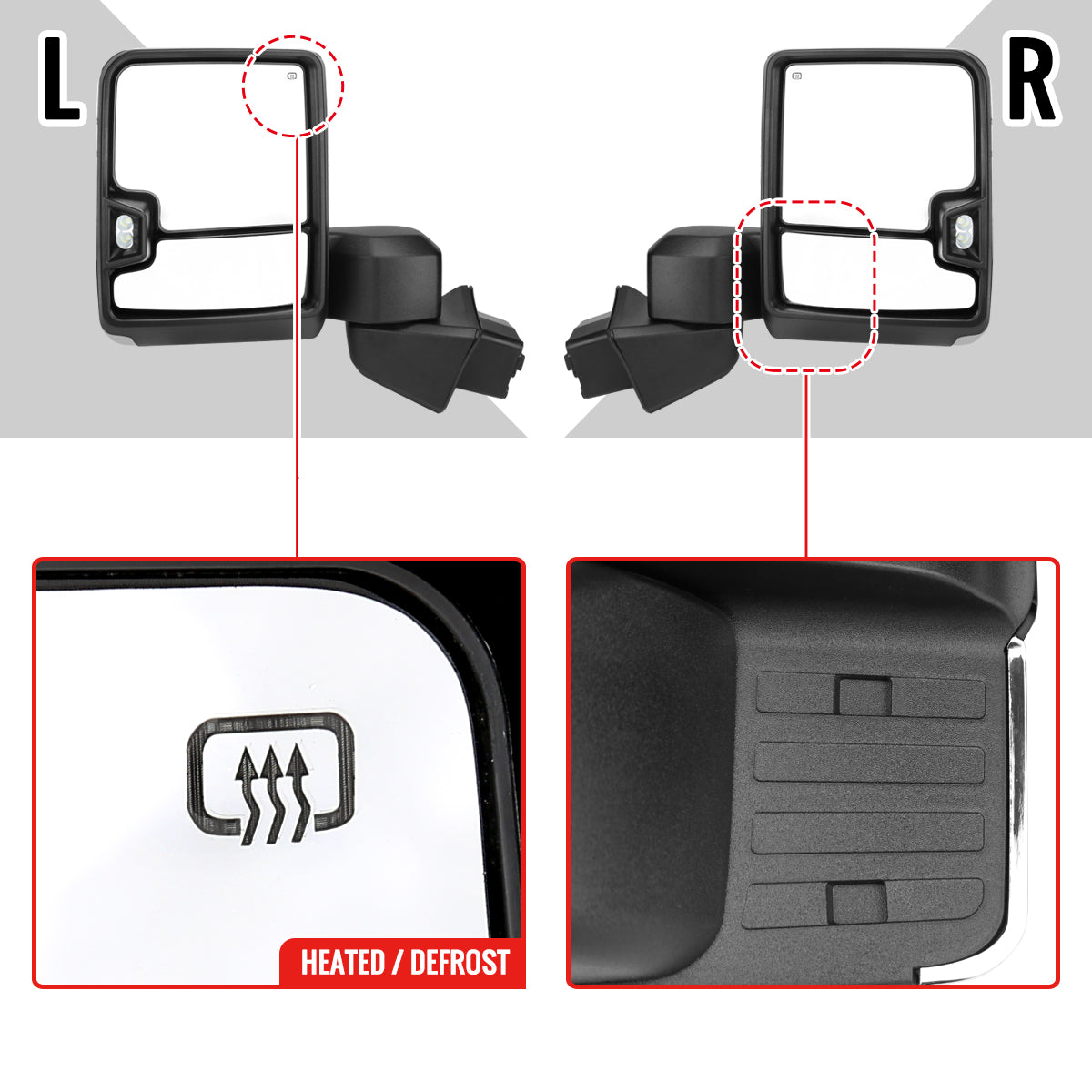 2019-2025 Chevrolet Silverado 1500 Power Adjustable, Heated, & Manual Extendable Chrome Towing Mirrors w/ Clear Lens LED Turn Signal & Clearance Lights