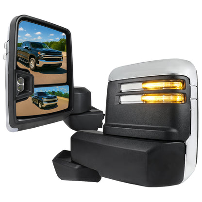 2019-2025 Chevrolet Silverado 1500 Power Adjustable, Heated, & Manual Extendable Chrome Towing Mirrors w/ Clear Lens LED Turn Signal & Clearance Lights