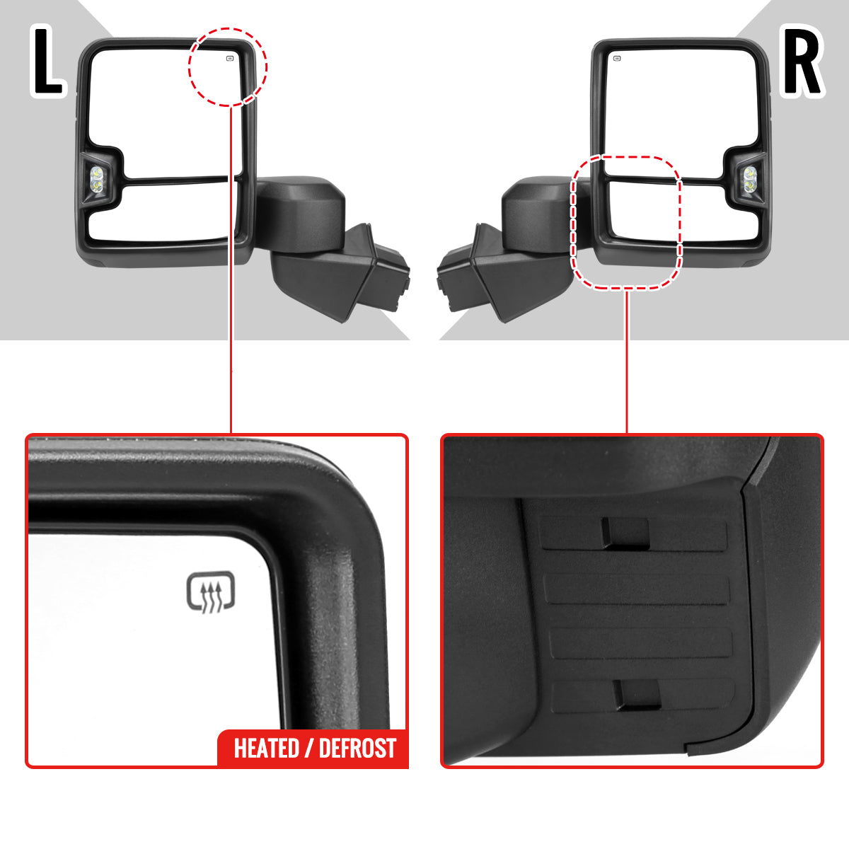 2019-2025 Chevrolet Silverado 1500 Power Adjustable, Heated, & Manual Extendable Black Towing Mirrors w/ Smoked Lens LED Turn Signal & Clearance Lights