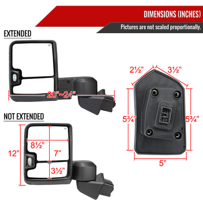 2019-2025 Chevrolet Silverado 1500 Power Adjustable, Heated, & Manual Extendable Black Towing Mirrors w/ Smoked Lens LED Turn Signal & Clearance Lights