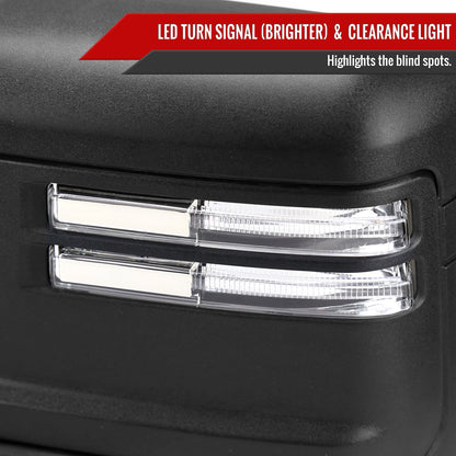 2019-2025 Chevrolet Silverado 1500 Power Adjustable, Heated, and Manual Extendable Black Towing Mirrors with Clear Lens LED Turn Signal & Clearance Lights