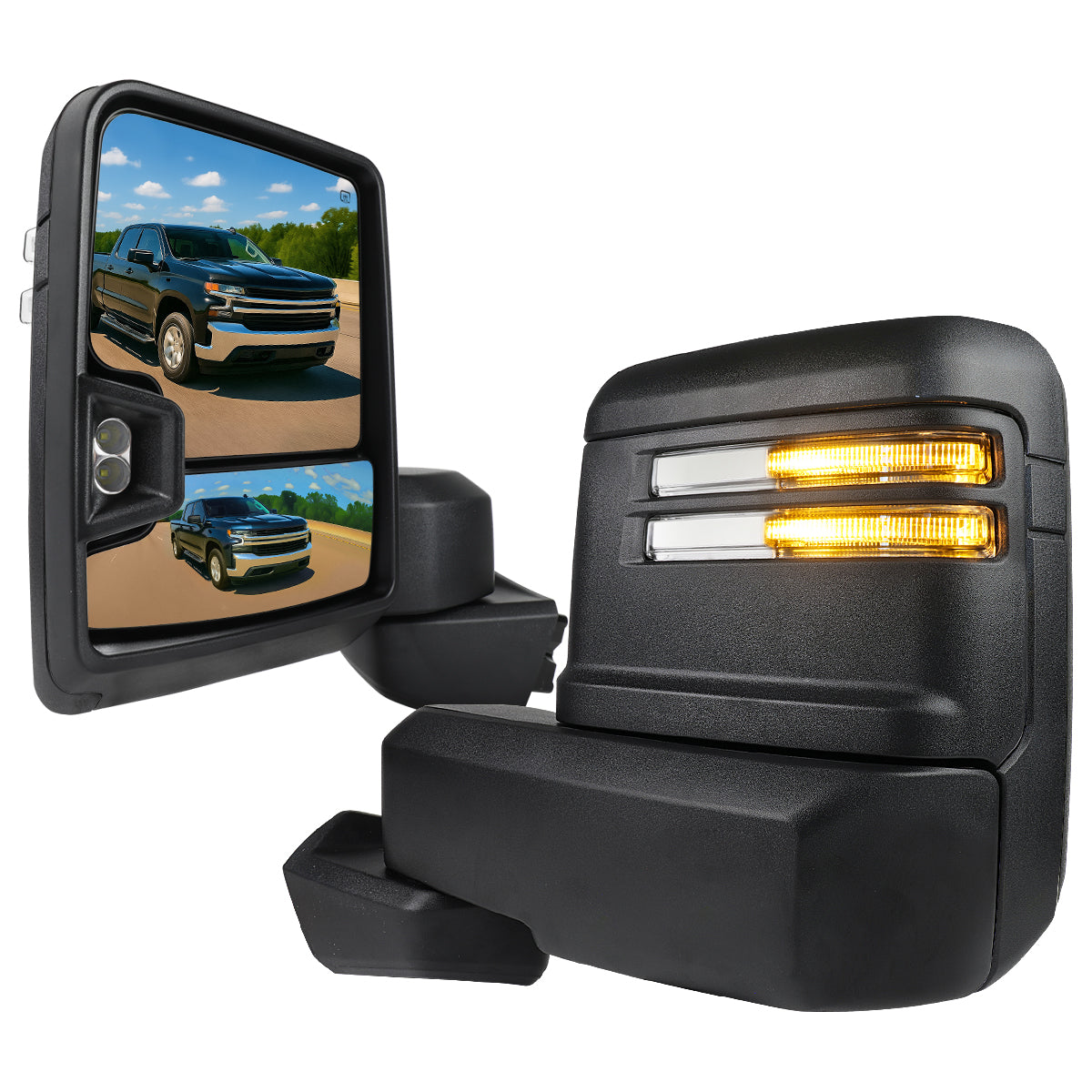 2019-2025 Chevrolet Silverado 1500 Power Adjustable, Heated, and Manual Extendable Black Towing Mirrors with Clear Lens LED Turn Signal & Clearance Lights