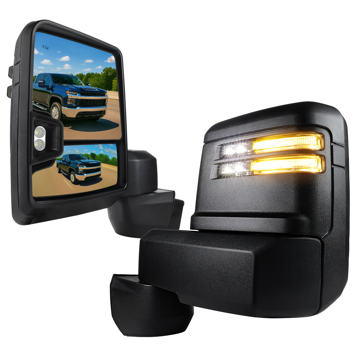 2020-2025 Chevrolet Silverado/GMC Sierra 2500HD/3500HD Power Adjustable, Heated, & Manual Extendable Black Towing Mirrors w/ Smoked Lens LED Turn Signal & Clearance Lights