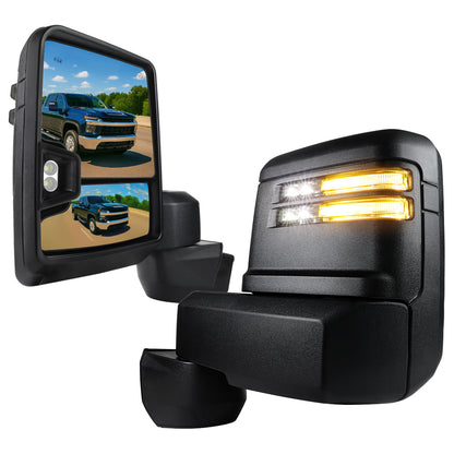 2020-2025 Chevrolet Silverado/GMC Sierra 2500HD/3500HD Power Adjustable, Heated, & Manual Extendable Black Towing Mirrors w/ Smoked Lens LED Turn Signal & Clearance Lights