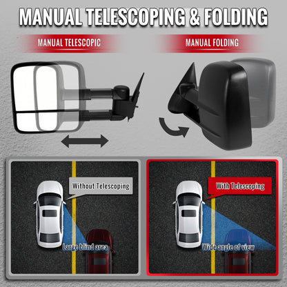 1999-2007 Chevrolet Silverado / Tahoe / Suburban / GMC Sierra / Yukon XL Black  Manual Adjustable & Extendable Black Cover Towing Mirrors
