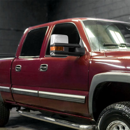 1999-2002 Chevrolet Silverado/Tahoe/Suburban/Avalanche GMC Sierra/Yukon/Yukon XL Power Heated Manual Extendable Chrome Towing Mirrors w/ Amber Lens LED Turn Signal & Clearance Lights