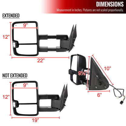 1999-2002 Chevrolet Silverado/Tahoe/Suburban/Avalanche GMC Sierra/Yukon/Yukon XL Power Heated Manual Extendable Towing Mirrors w/ Amber Lens LED Turn Signal & Clearance Lights