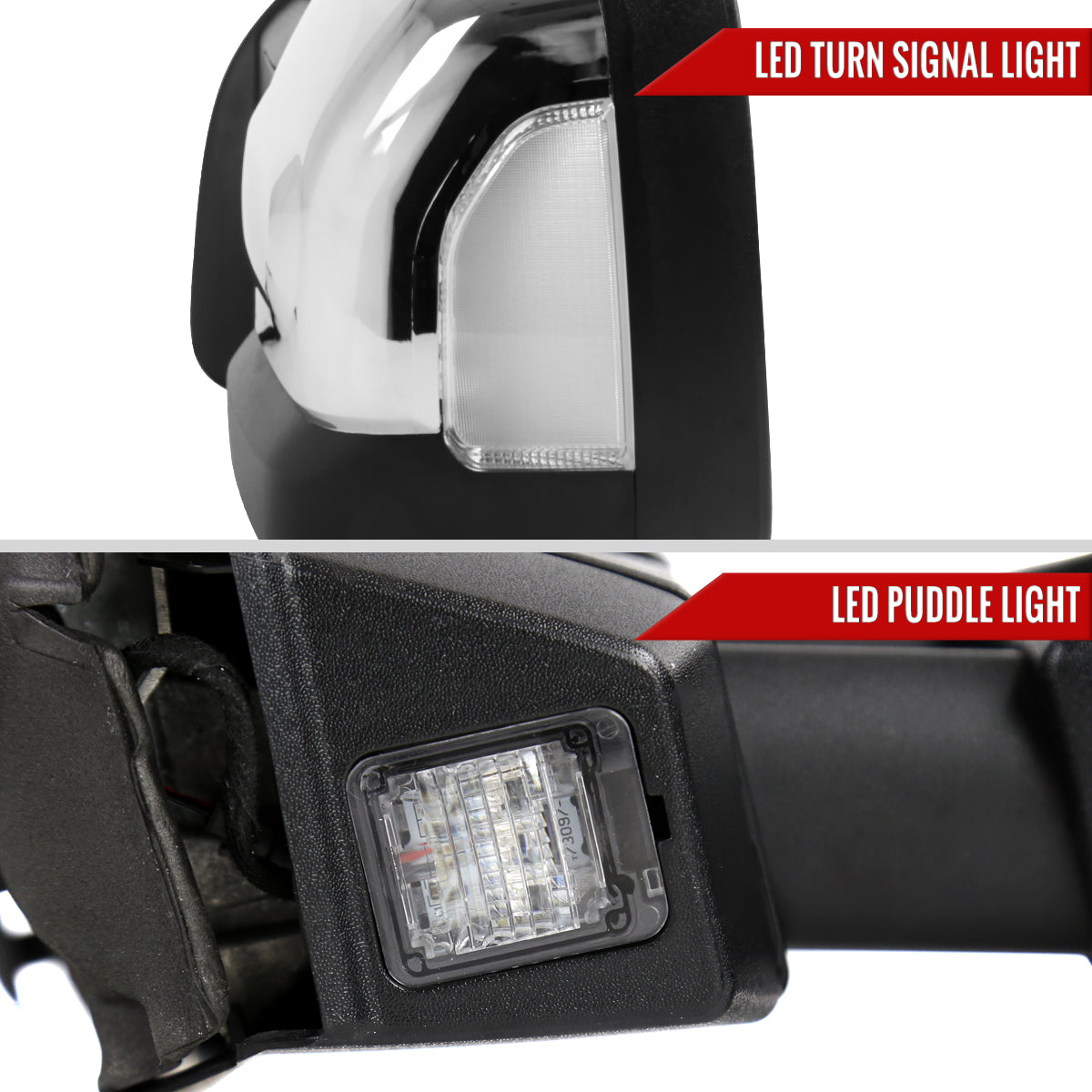2016-2022 Nissan Titan Power Adjustable, BSM, & Manually Extendable Chrome Towing Mirrors with Clear Lens LED Turn Signal & Puddle Lights