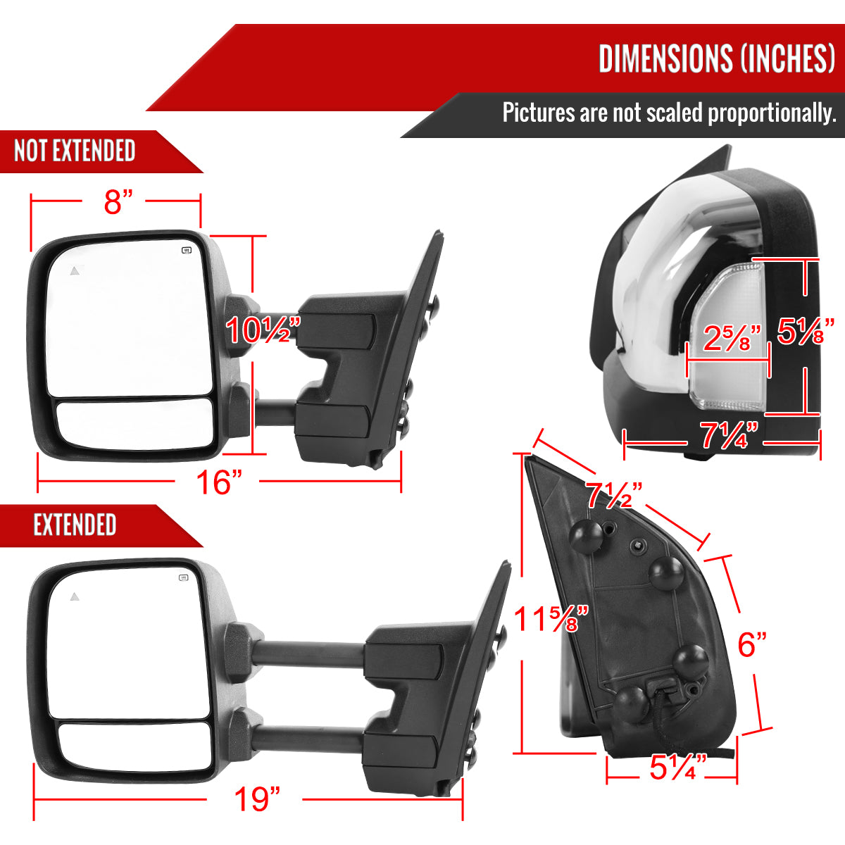 2016-2022 Nissan Titan Power Adjustable, BSM, & Manually Extendable Chrome Towing Mirrors with Clear Lens LED Turn Signal & Puddle Lights