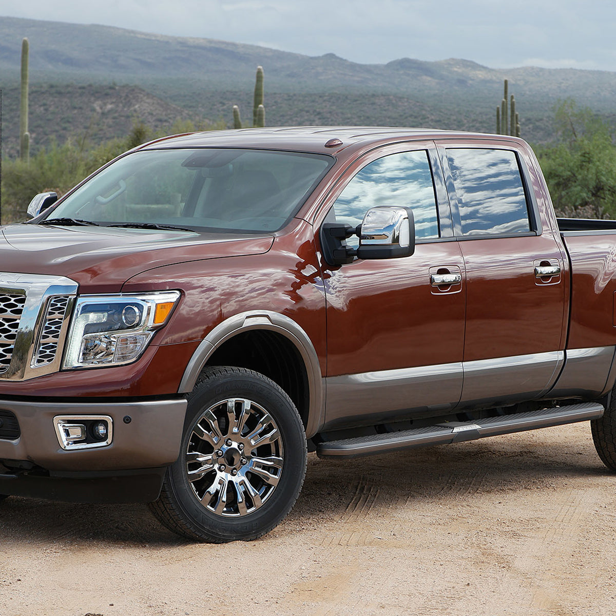 2016-2022 Nissan Titan Power Adjustable, BSM, & Manually Extendable Chrome Towing Mirrors with Clear Lens LED Turn Signal & Puddle Lights