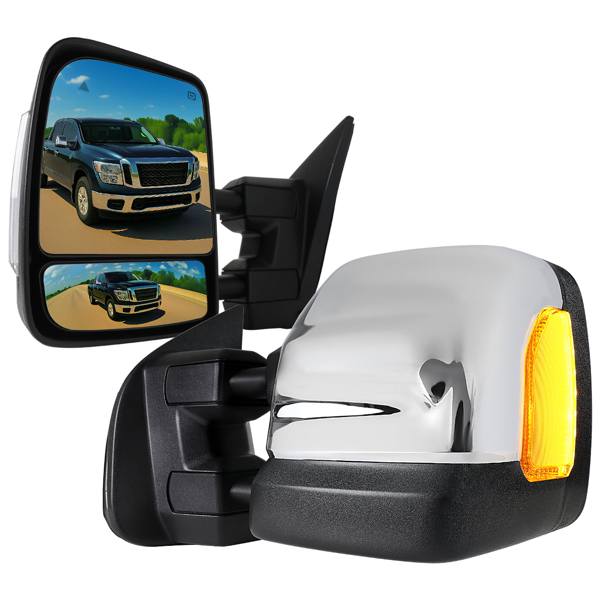 2016-2022 Nissan Titan Power Adjustable, BSM, & Manually Extendable Chrome Towing Mirrors with Clear Lens LED Turn Signal & Puddle Lights