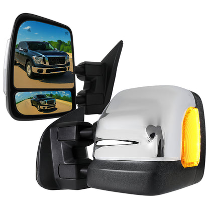 2016-2022 Nissan Titan Power Adjustable, BSM, & Manually Extendable Chrome Towing Mirrors with Clear Lens LED Turn Signal & Puddle Lights